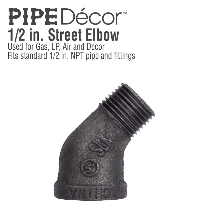 PIPE DECOR 1/2" Street Elbow 45 Degree Fitting, PIPE DECOR Black Malleable Iron Fittings Fit Standard 1/2 Inch Pipes, Nipples and Fittings, Regular Plumbing Applications and Vintage DIY Furniture, 8 Pack - Image 3